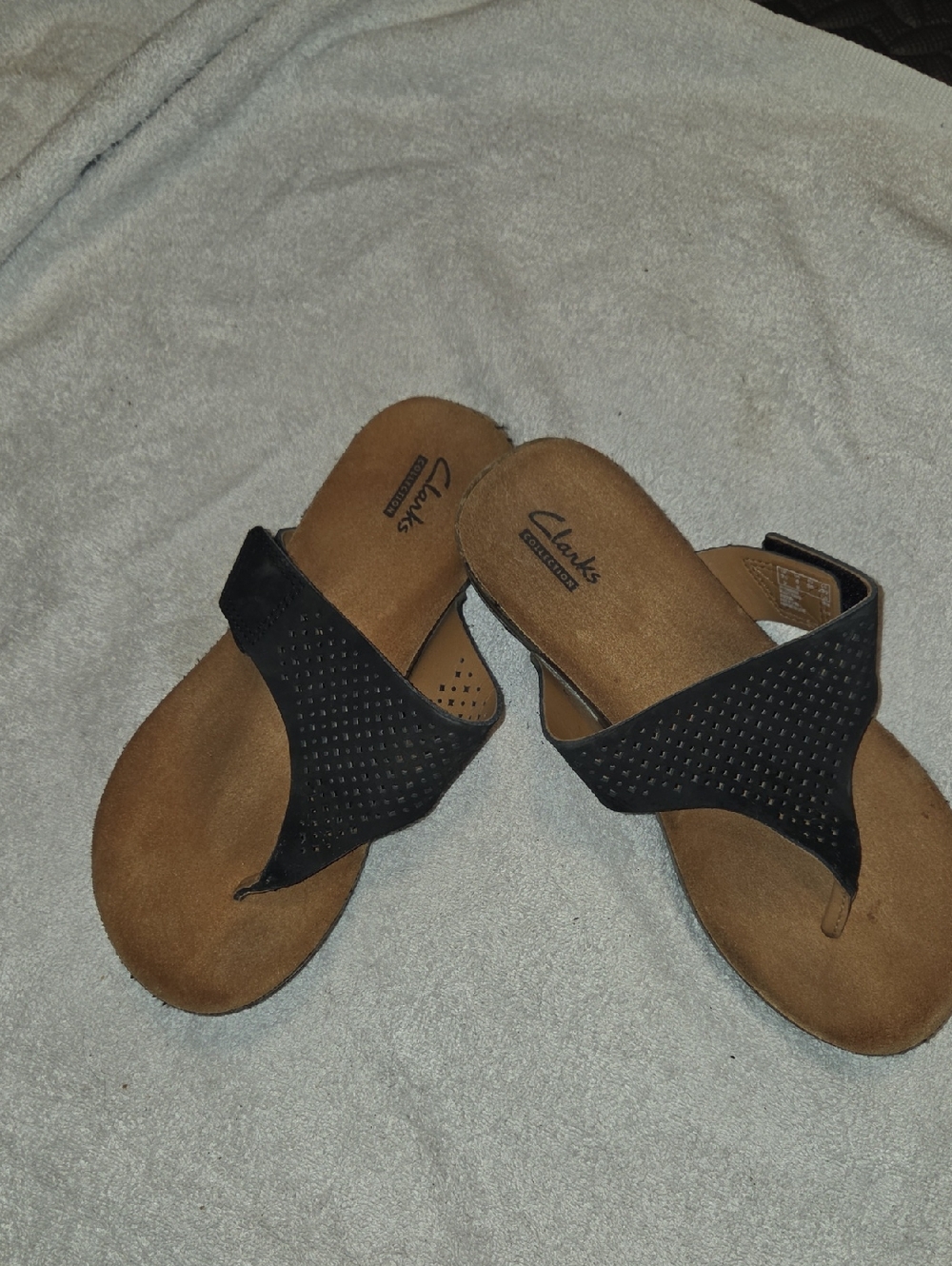 Clarks Black Perforated Suede Thong Sandals
